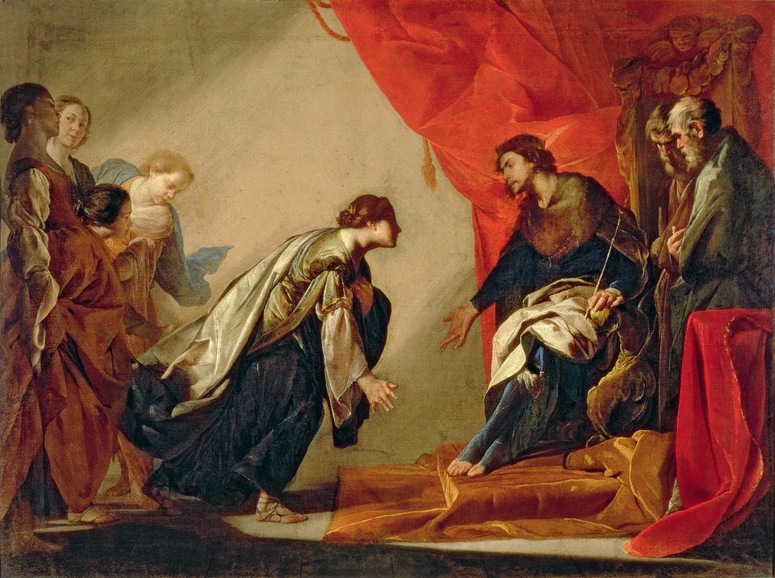 Book of Esther study guide showing God's divine timing and providence in saving His people. Artist: Bernardo Cavallino Esther in front of King Xerxes 1645-50 