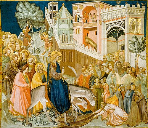 Jesus riding donkey into Jerusalem on Palm Sunday with crowds holding palm branches - Triumphal Entry biblical scene