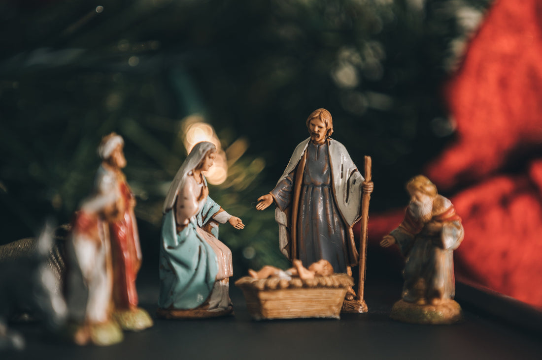 Nativity scene depicting the birth of Jesus Christ with Mary, Joseph, and baby Jesus in manger